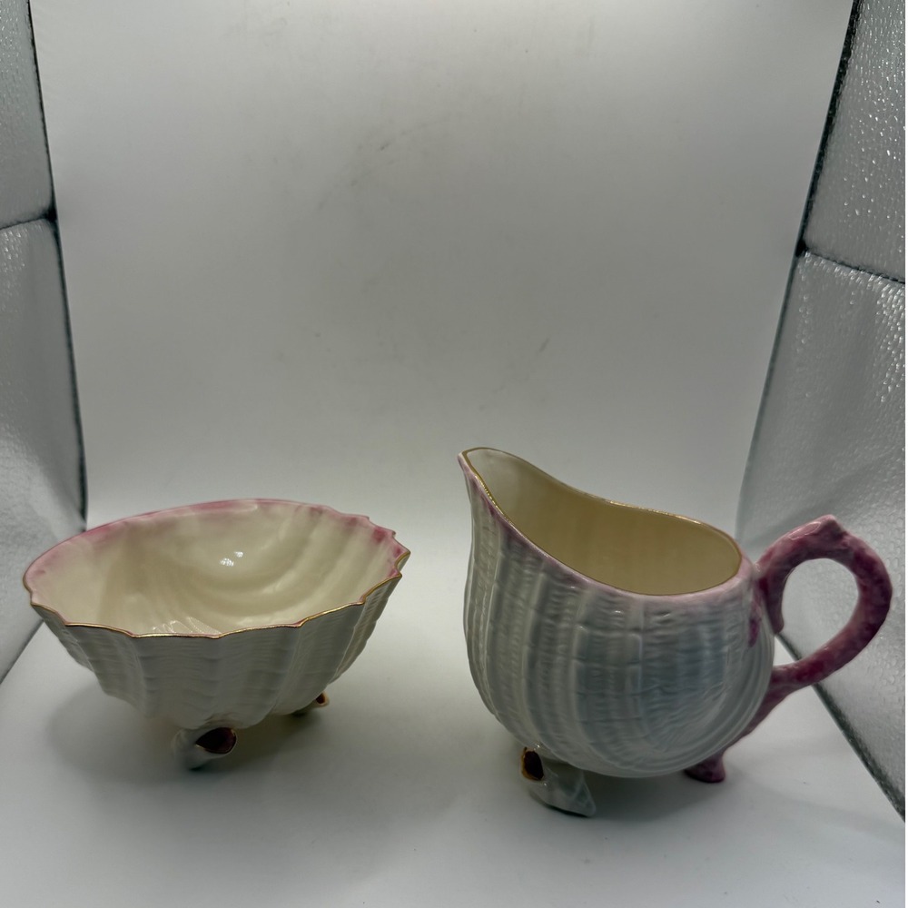 Belleek Ireland Neptune Shell Creamer & Sugar Bowl Set Pink Gold Trim Green Mark